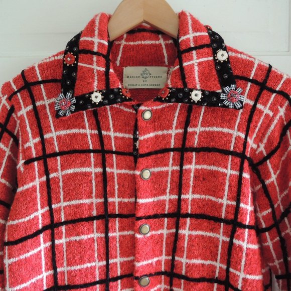 Design Options Vintage Red & White Windowpane Embellished Cardigan Jacket M - Picture 3 of 13